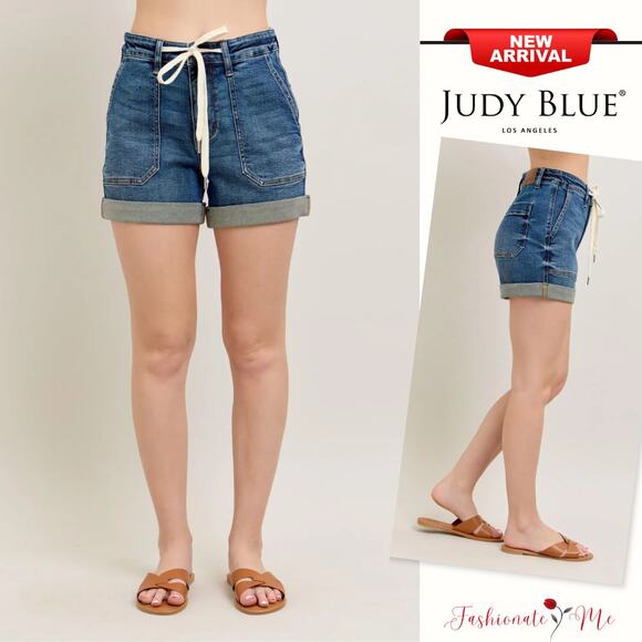 Judy Blue High Rise Waist Cuffed Hem Drawstring Detail Dark Wash Denim Shorts - Picture 1 of 5